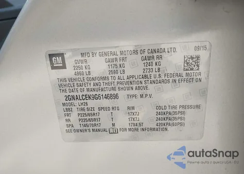 2016 Chevrolet Equinox Lt из США, поврежденный, VIN 2GNALCEK9G6146896